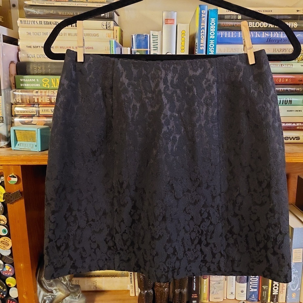 Vintage Express Paisley Mini Skirt Black Jacquard 90s‎ Size 5/6 Cotton Blend